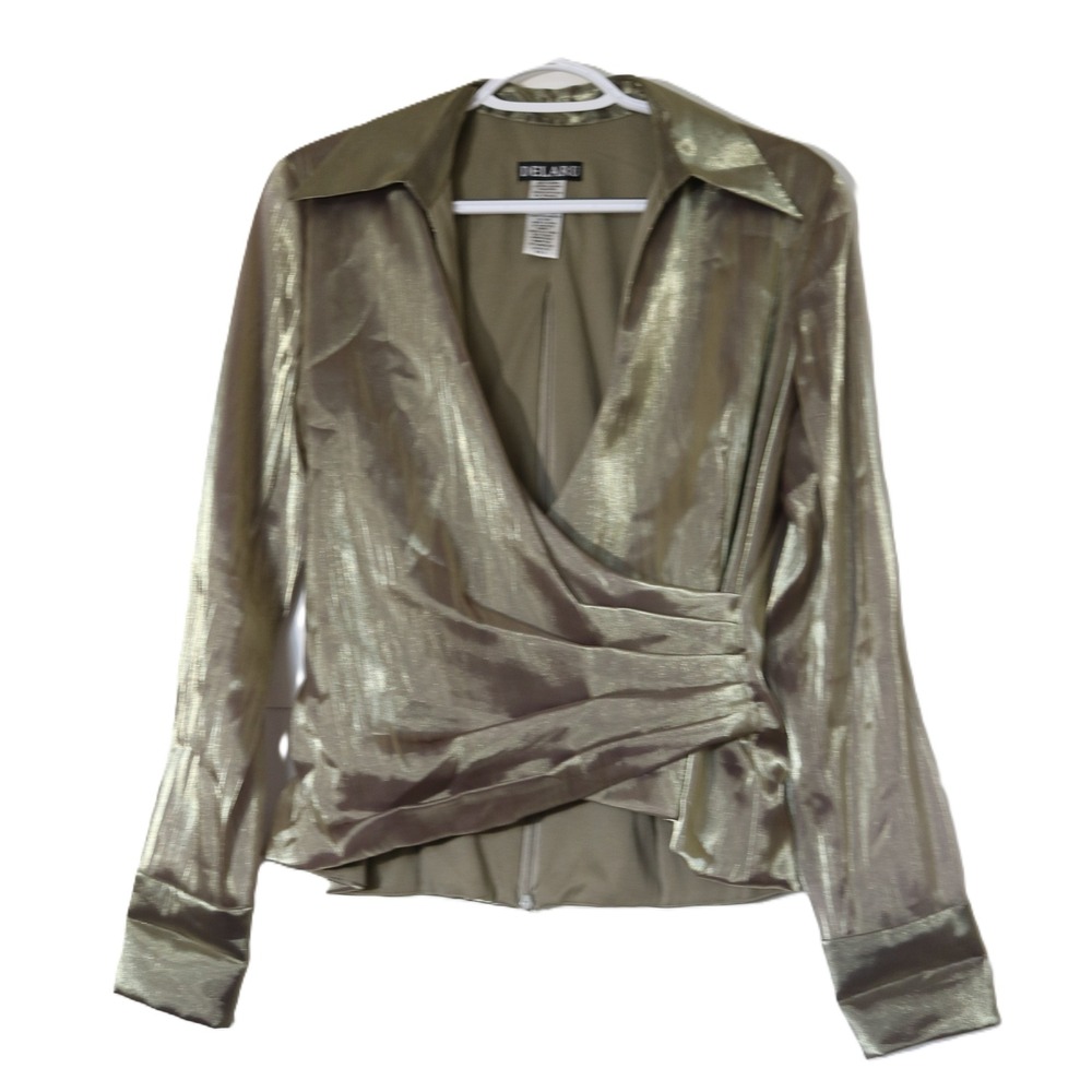 Delaru Womens Gold Metallic Wrap Blouse Long Sleeve V-Neck Evening Top Size 8